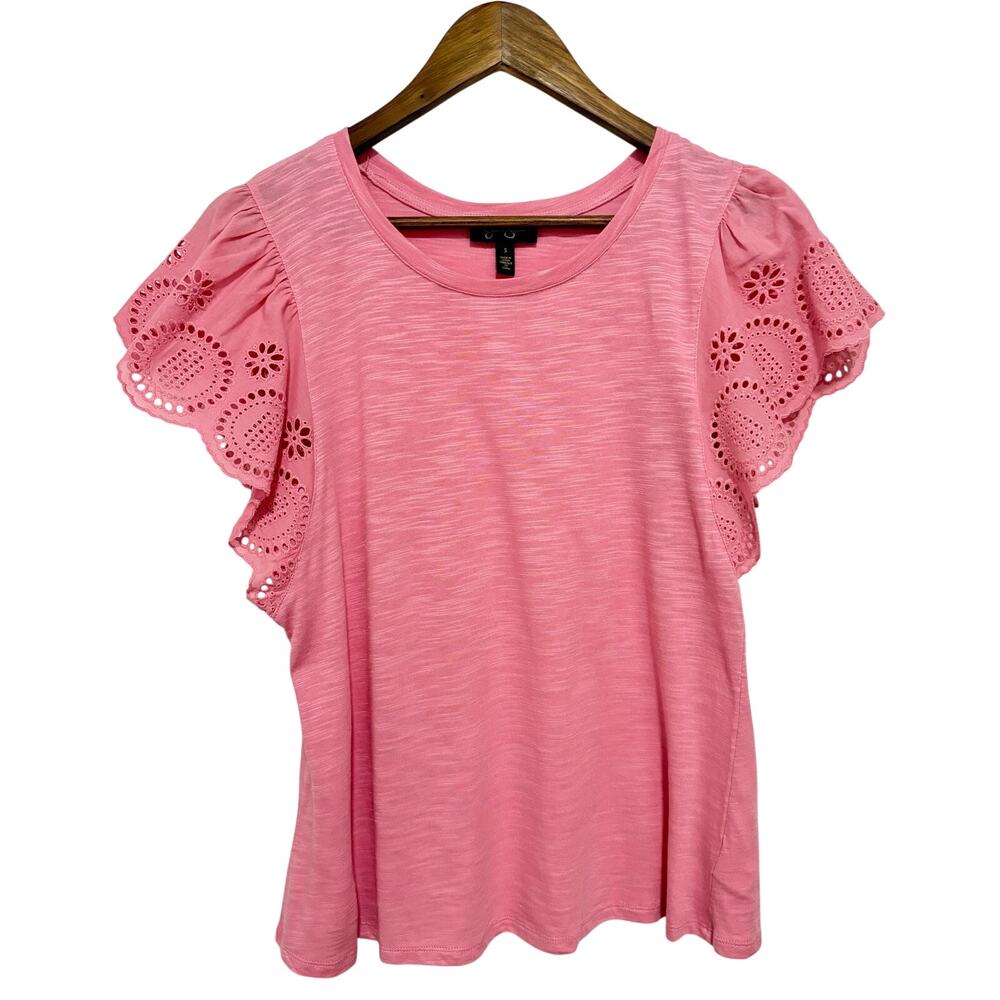 Jessica Simpson Pink Eyelet Flutter Sleeve Knit Top Cotton Modal Size Small